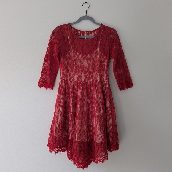 Free People Floral Embroidered Mesh Lace Mini Dress Pleated Red Women's Size 4 - Picture 4 of 13